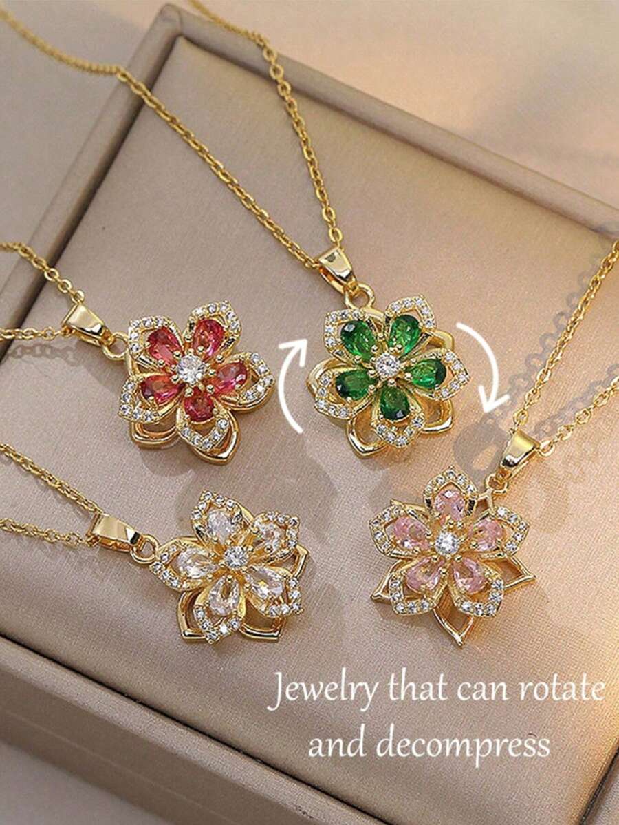 1 Stück modischer und eleganter Kupfer- und kubischer Zirkonia Pflaumenblüten Halskette, die sich drehen lässt, geeignet für den täglichen Gebrauch und Partys, Schmuckgeschenk für Mädchen