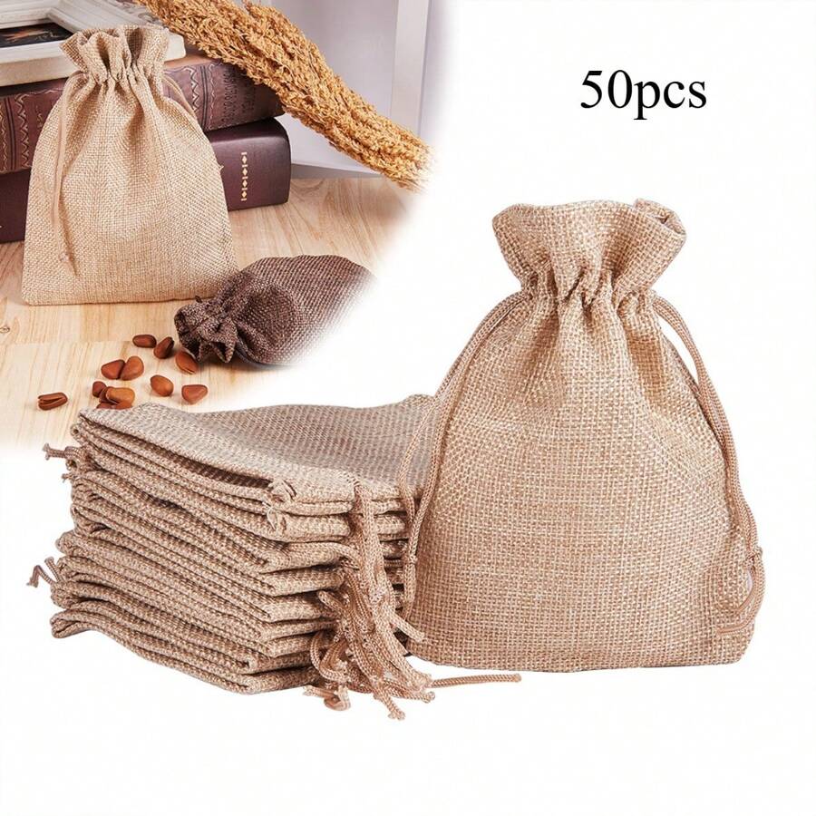 50pcs, Popular Linen Drawstring Pouch Jewelry Gifts Accessories Small Storage Bags
