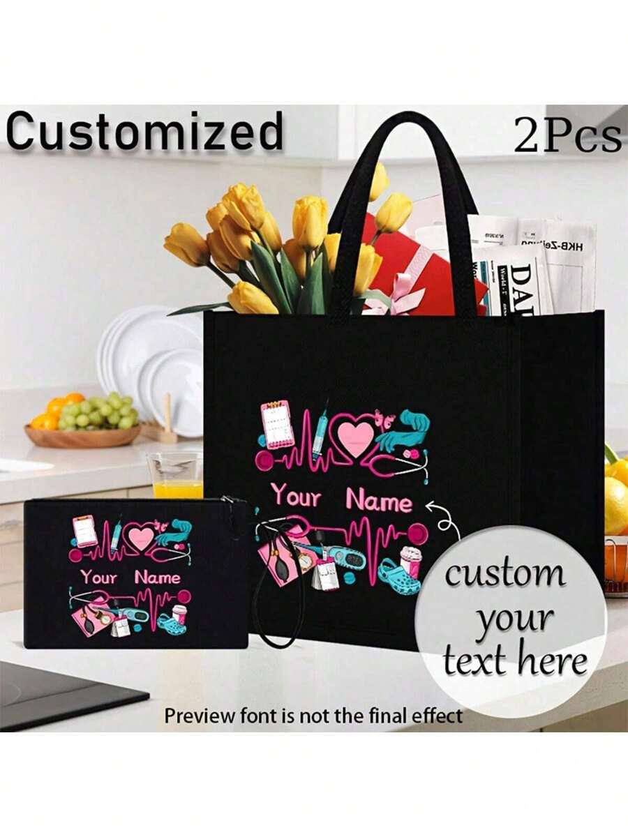 Custom Nurses-Themed 2pcs Tote & Makeup Bag Set - Lightweight, Durable Fabric With Fixed Shoulder Strap For Shopping, Travel & Beach