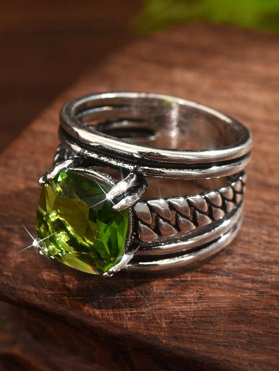 1pc Boho Style Vintage Silver Olive Green Zirconia Women's Ring, Suitable For Wedding, Engagement, Promise Or Daily Wear
