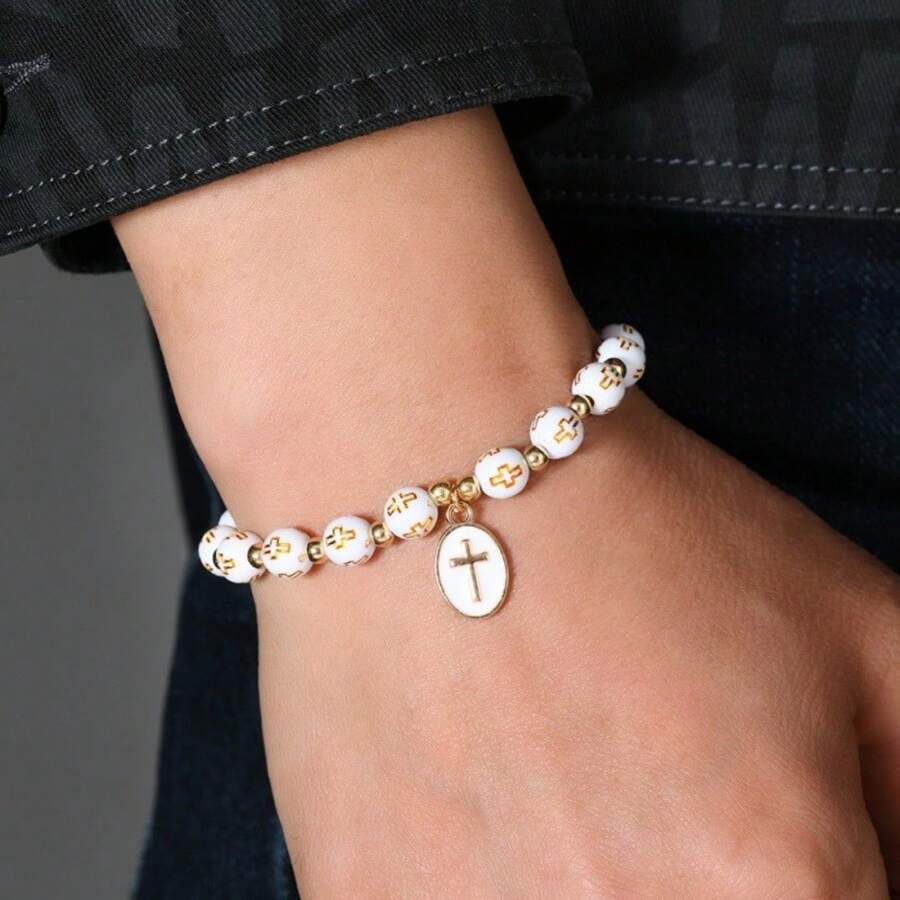 1 pieza Brazalete elástico con cruz bautismal de esmalte en blanco y dorado, estilo minimalista cristiano, accesorio de joyería de moda para hombres, regalo para uso diario, vacaciones