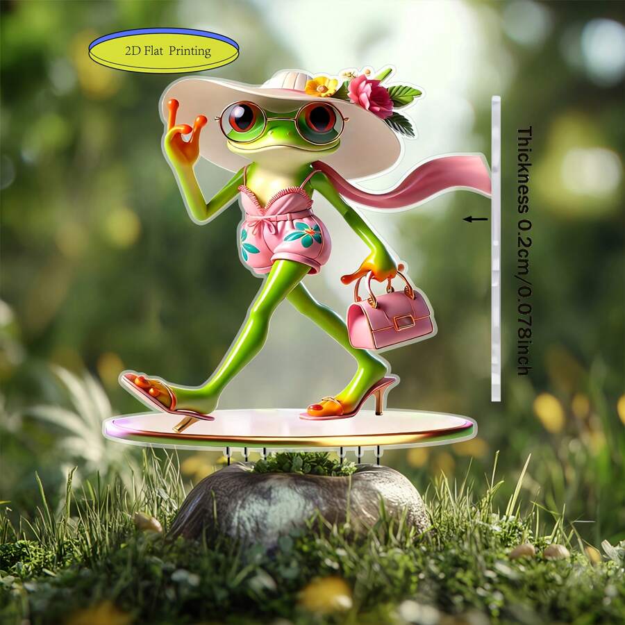 1pc 2D Bohemian Frog Garden Stake - Waterproof Acrylic Outdoor Decor With Pink Umbrella And Surfboard Design, Great For Patio, Planter And Graduation Decoration, Frog Garden Decor