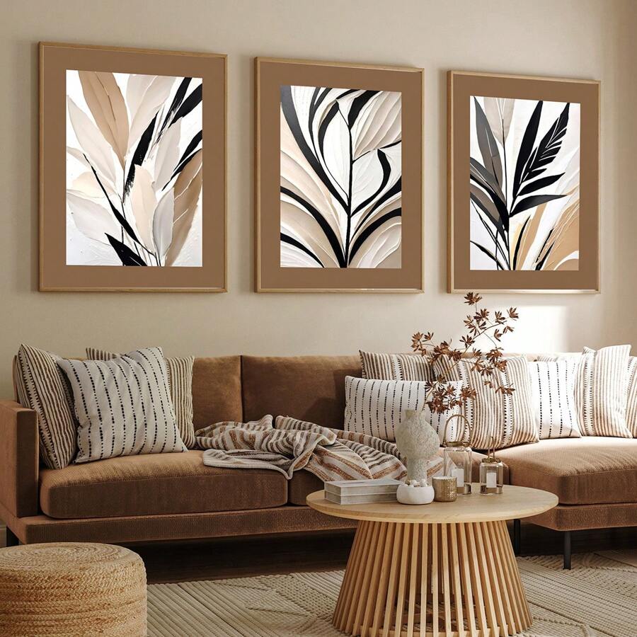 3 Pcs Frameless Posters, 2D Inkjet Printing, Abstract Tropical Plants, Beige Bohemian Style Abstract Wall Art Prints, Neutral Style, Suitable For Living Room, Bedroom, Porch, Restaurant Decoration Painting Posters