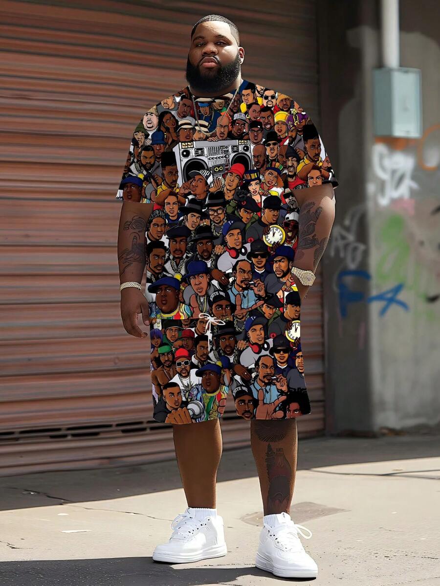 Conjunto de camiseta con estampado de graffiti en estilo hip hop para tallas grandes | Top holgado de manga corta de talla grande para streetwear | Conjunto de ropa hip hop de fibra de poliéster elástica y de secado rápido | Conjunto de moda de baile callejero para hombres jóvenes