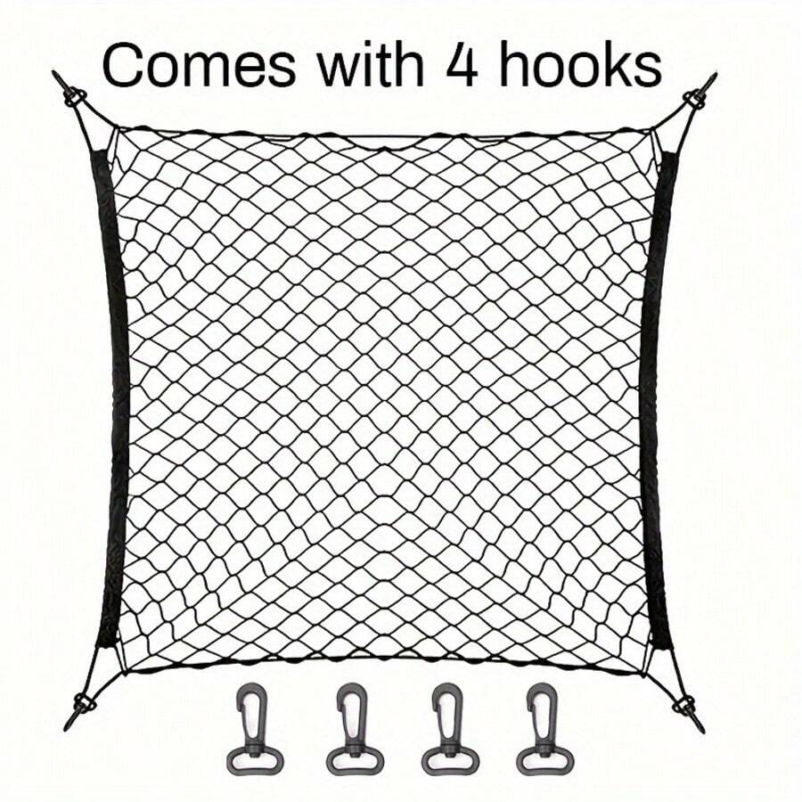 Universal Cargo Storage Net With Elastic Net And ABS Hooks, 27.5x27.5 To 41.3x41.3 Inches, Black Durable Polyester Storage Solution, Camper To Prevent Items From Falling, Flexible And Easy To Install, Universal Car Models, Trunk Accessories