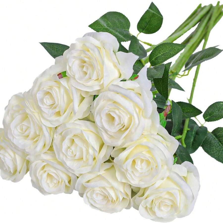 11 roses blanches artificielles et élégantes avec de longs tiges. Convient pour les compositions florales et la décoration intérieure. Cadeau romantique parfait pour le mariage, la Saint-Valentin, l'anniversaire et la fête des mères, sans vase