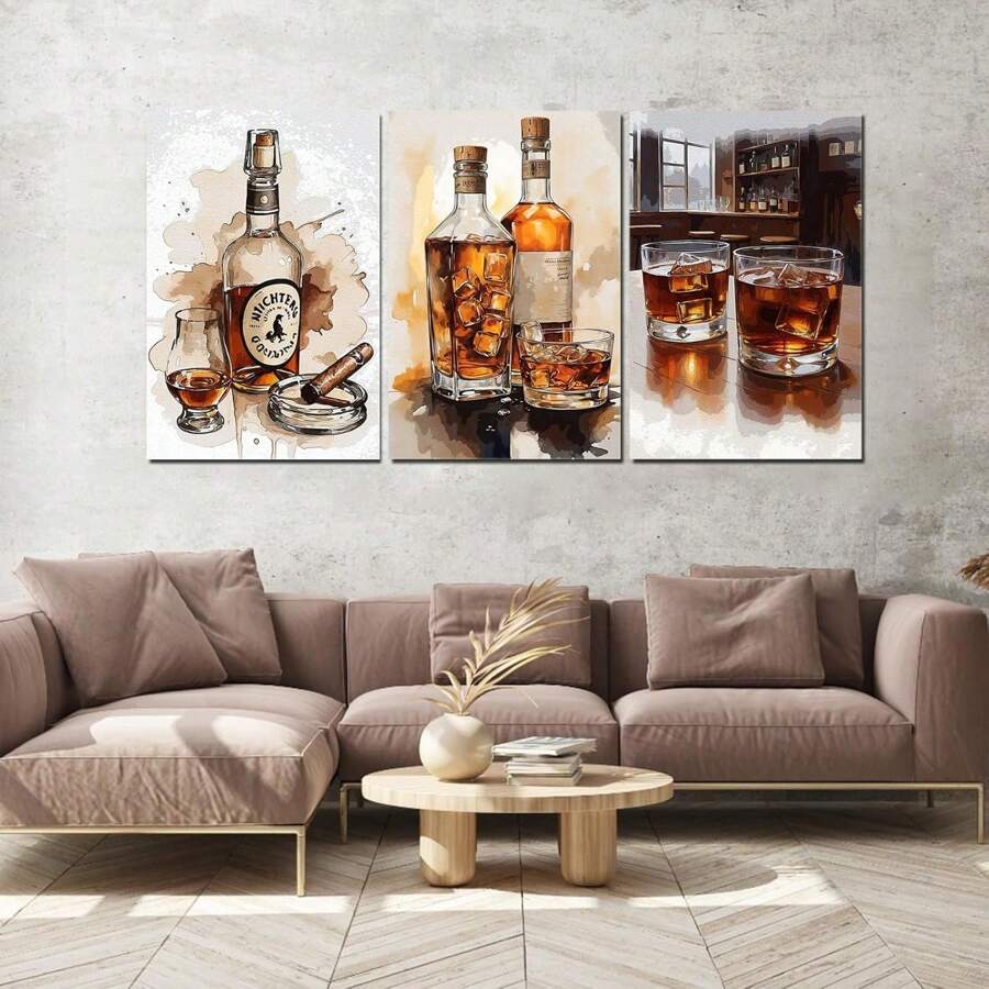 Set de 3 tablouri artistice vintage înrămate cu whisky și trabucuri, imprimare afișe de lux de ultimă generație, potrivite pentru bar modern, sufragerie, baie, dormitor, hotel, pensiune, vilă, galerie, club, cramă, coridor, studio, sală de clasă, studiu, decorațiuni de perete de birou gata de agățat