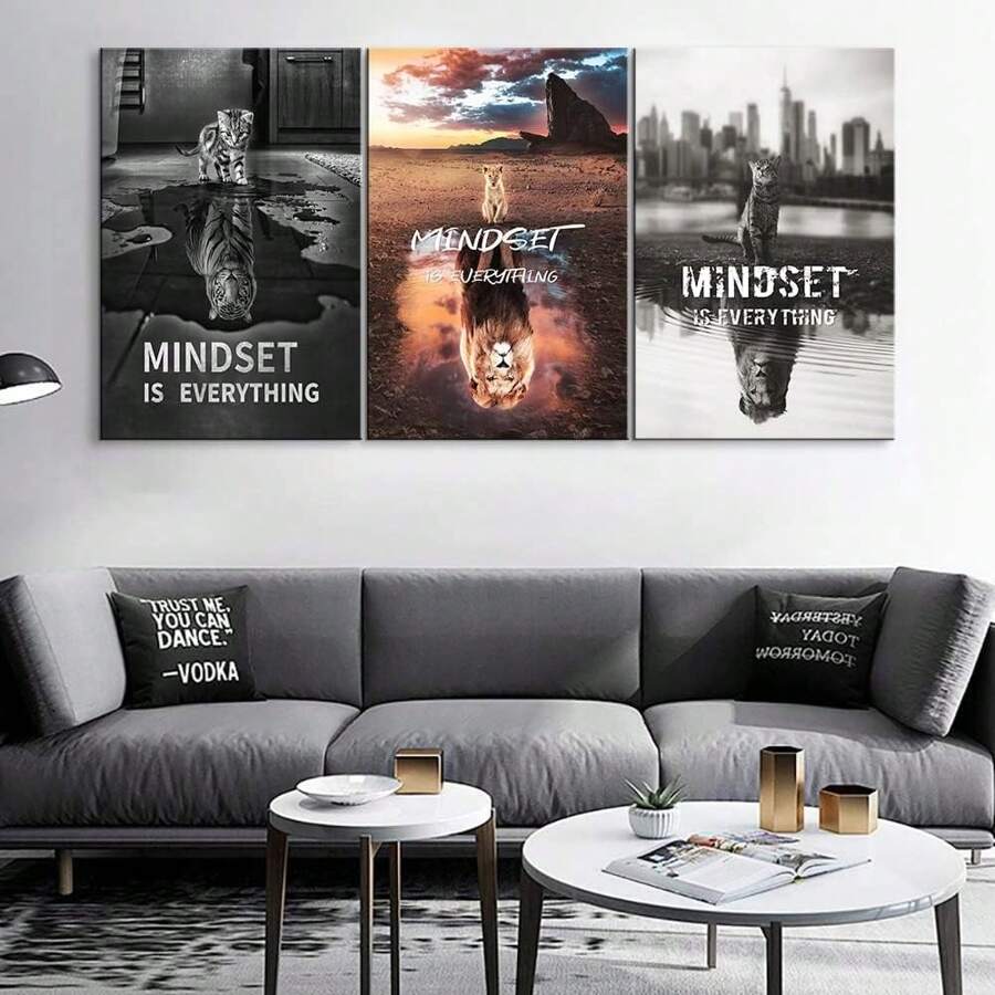Set de 3 înrămate Mindset Is Everything Citate inspirate Pânză Artă Pictură Postere imprimate pentru living modern, baie, dormitor, hotel, apartament, vilă, galerie, cameră pentru copii, creșă, grădiniță, sală de clasă, studiu, coridor, studio, home office Decor gata de agățat