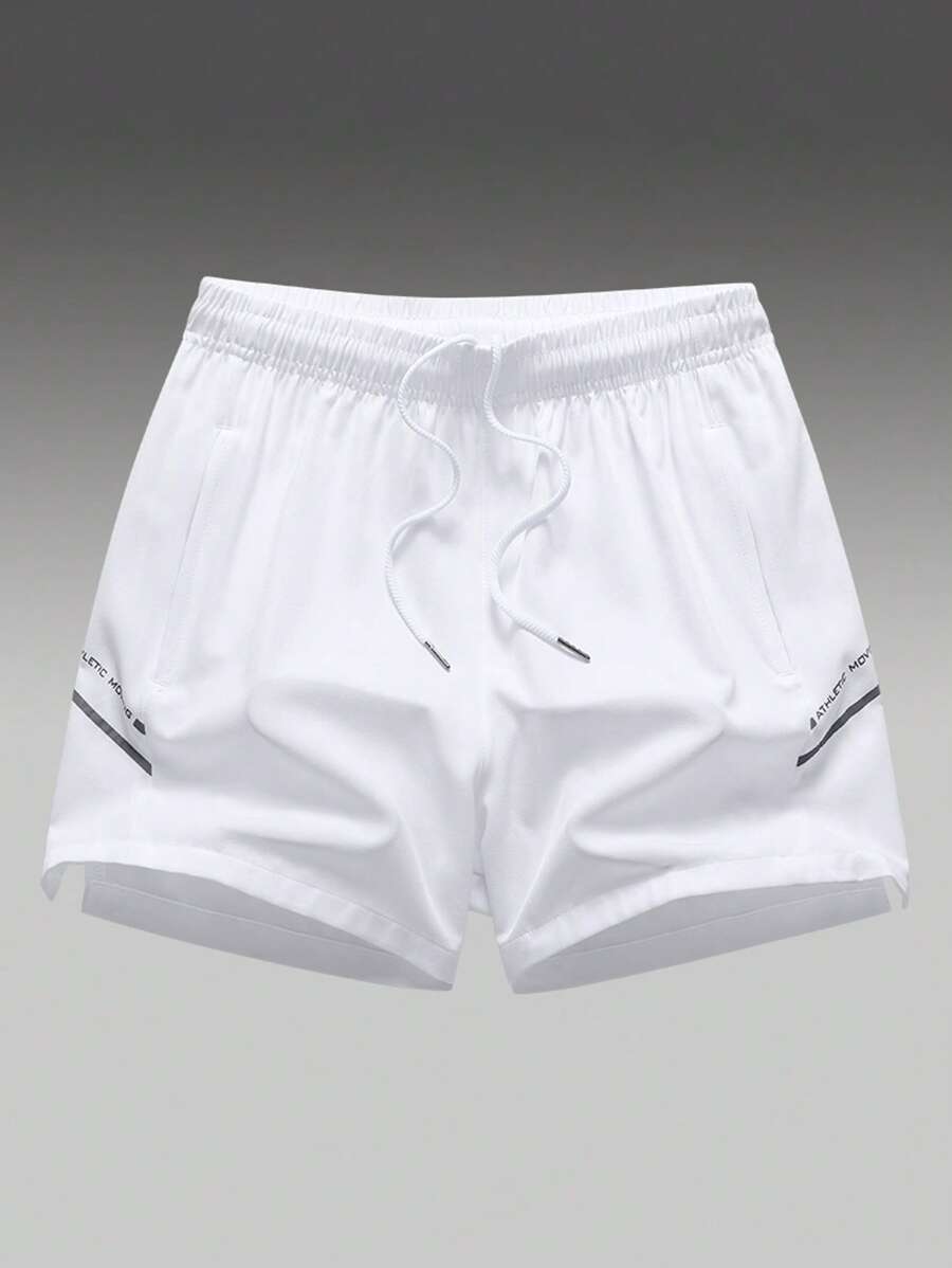 1 pieza Pantalones deportivos blancos para hombres, pantalones cortos de playa para vacaciones, pantalones cortos de fitness y running con bolsillos y cremallera, diseño oculto con cordón