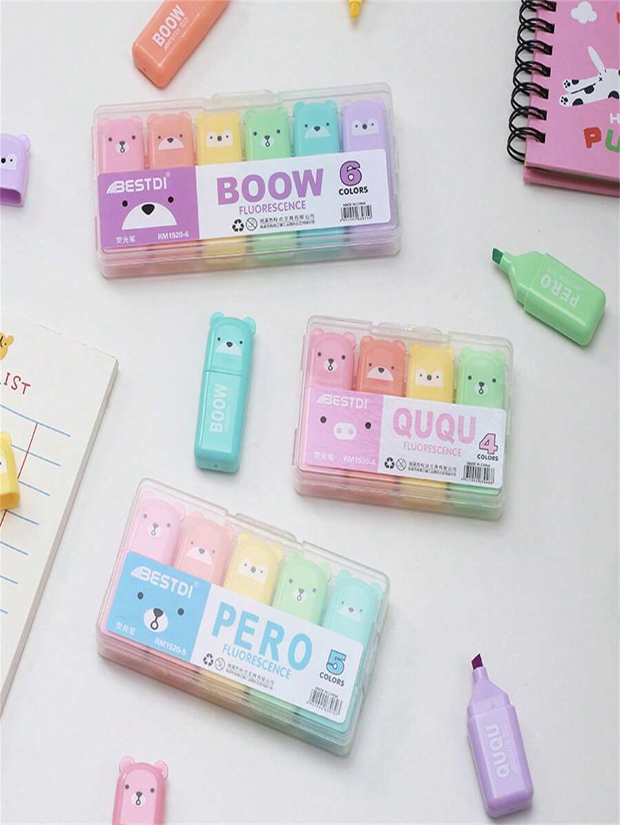 4-6PCS Mini Marcadores Fluorescentes, Marcadores Fluorescentes em Forma de Ursinho de Pelúcia, Marcadores Coloridos, Papelaria, Papelaria Bonita, Marcadores, Papelaria, Canetas, Marcadores Coloridos