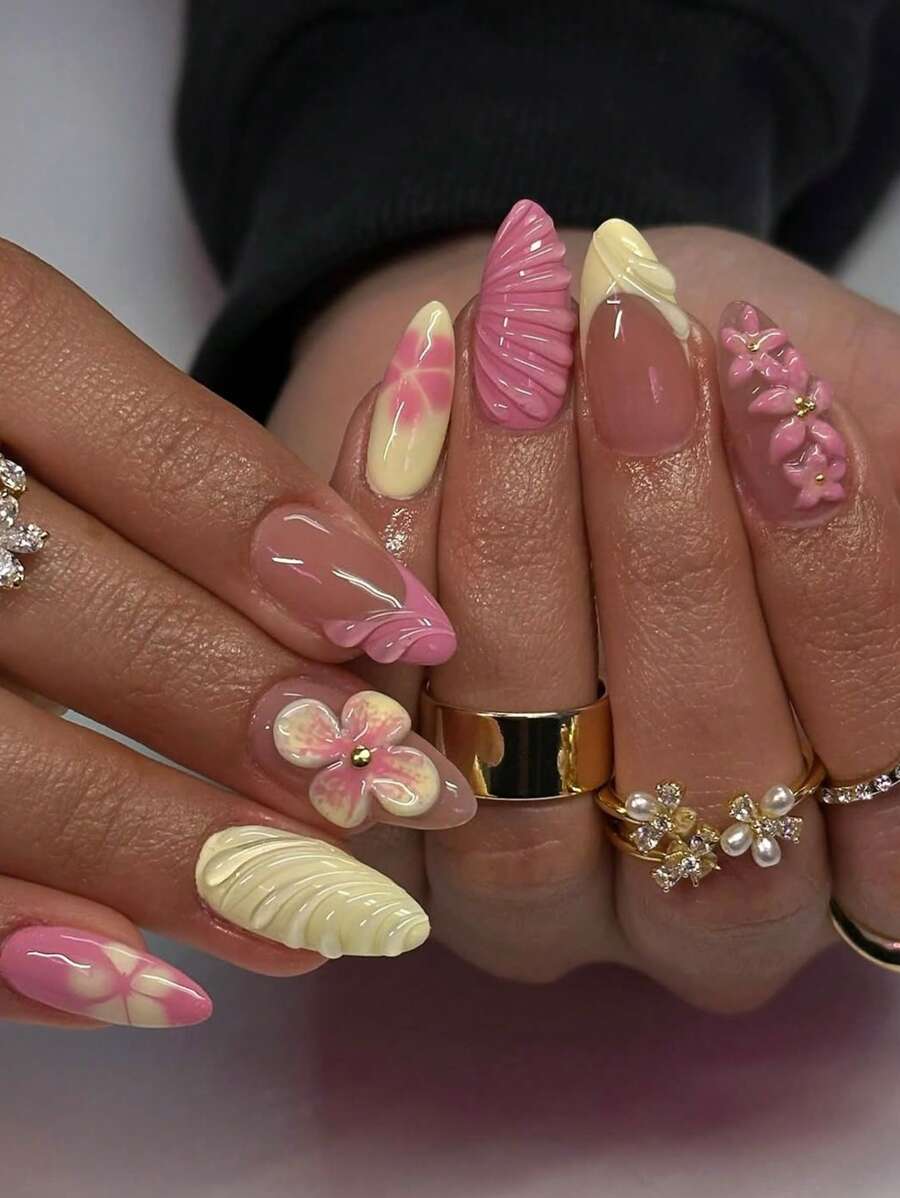 24 piezas de uñas artificiales en forma de almendra de tamaño mediano con diseño minimalista de flores amarillas y rosas para manicura francesa, adecuadas para damas de oficina, uso diario, citas, tardes de té y actividades al aire libre