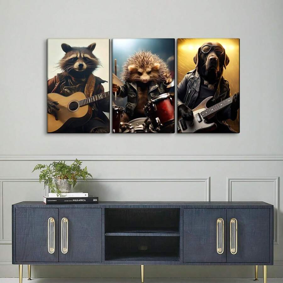 Ensemble de 3 tableaux muraux en canevas d'art moderne avec des animaux drôles jouant d'instruments de musique. Affiches imprimées avec cadres, représentant des chiens, hérissons et ratons laveurs. Convient pour le salon, la salle de bain, la chambre, les chambres d'hôtes, les couloirs, les studios de musique, les chambres d'enfants, les salles de classe, les villas, les galeries, les bars, les clubs, les bureaux et les études.