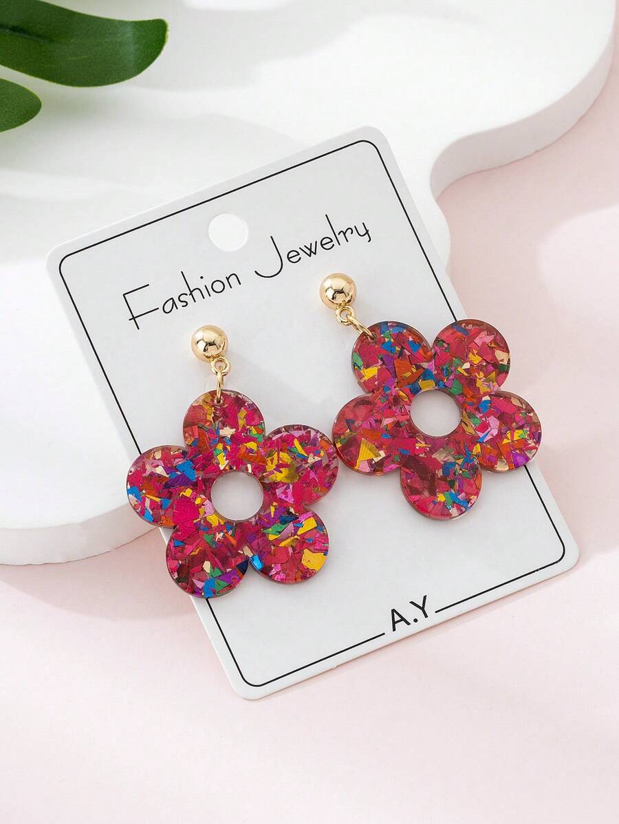 1 Pair Acrylic Colorful Flower Shaped Pendant Earrings For Women, Suitable For Party, Beach, Everyday Decoration