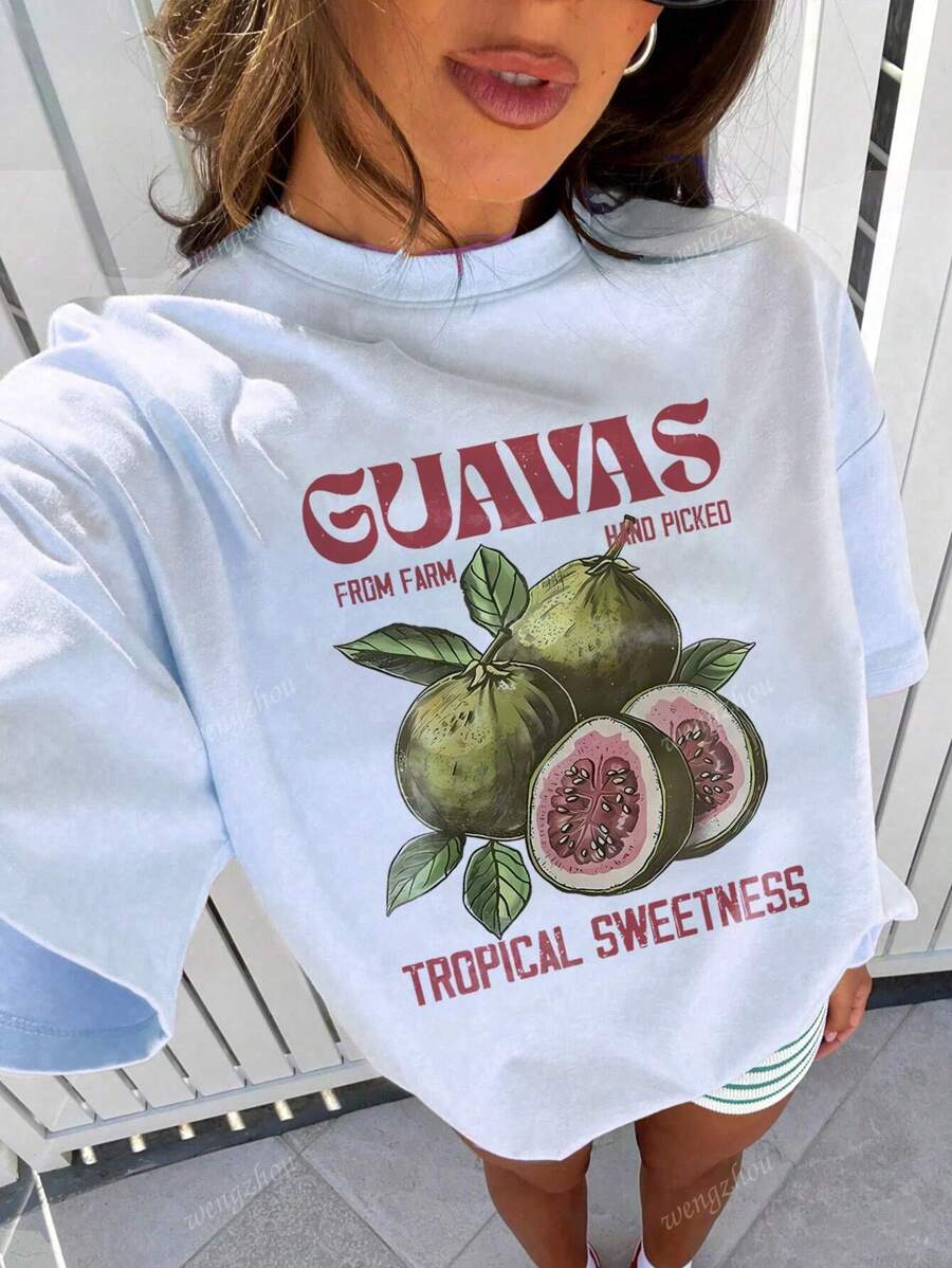 New Soft & Versatile Women Summer Casual Loose Fit Round Neck Breathable Fruit Print T-Shirt