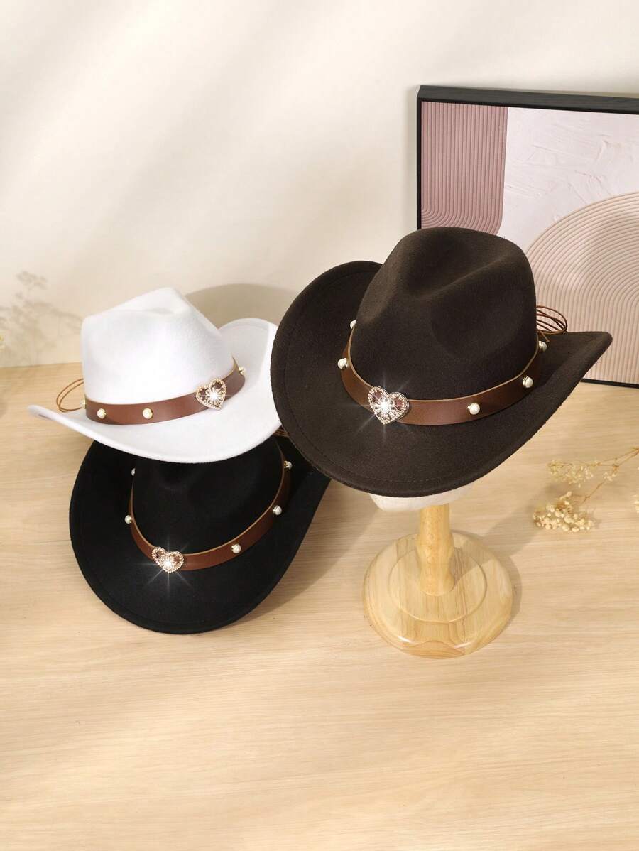 1 buc. Decor din piele PU în formă de inimă unisex pălărie de cowboy occidentală, pălărie de cowboy din poliester în stil retro, potrivită pentru îmbrăcăminte ocazională, petrecere de cowboy occidental, bar cowboy și uz zilnic