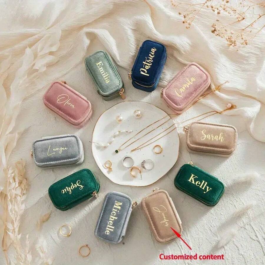 1pc Customized Velvet Jewelry Box With Gold Foil Printing, Elegant Bridesmaid/Birthday/Mother's Day/Valentine's Day Gift, Rectangular Design With Zipper Closure, Jewelry Storage Box