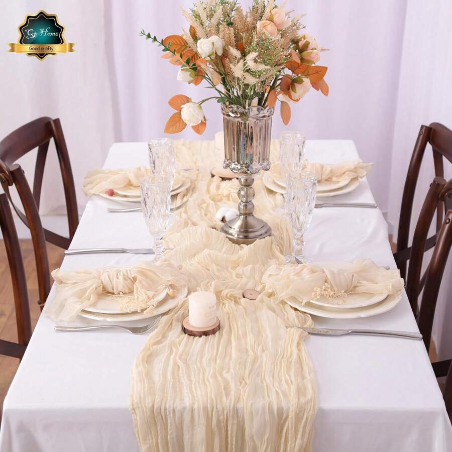 2 pièces l'ensemble : 1 nappe et 12 serviettes, tissu à fromage, style bohème campagnard, couleur crème, convient pour mariage, shower de mariée, jardin fête, rassemblement familial, anniversaire, décoration de la maison, événements festifs