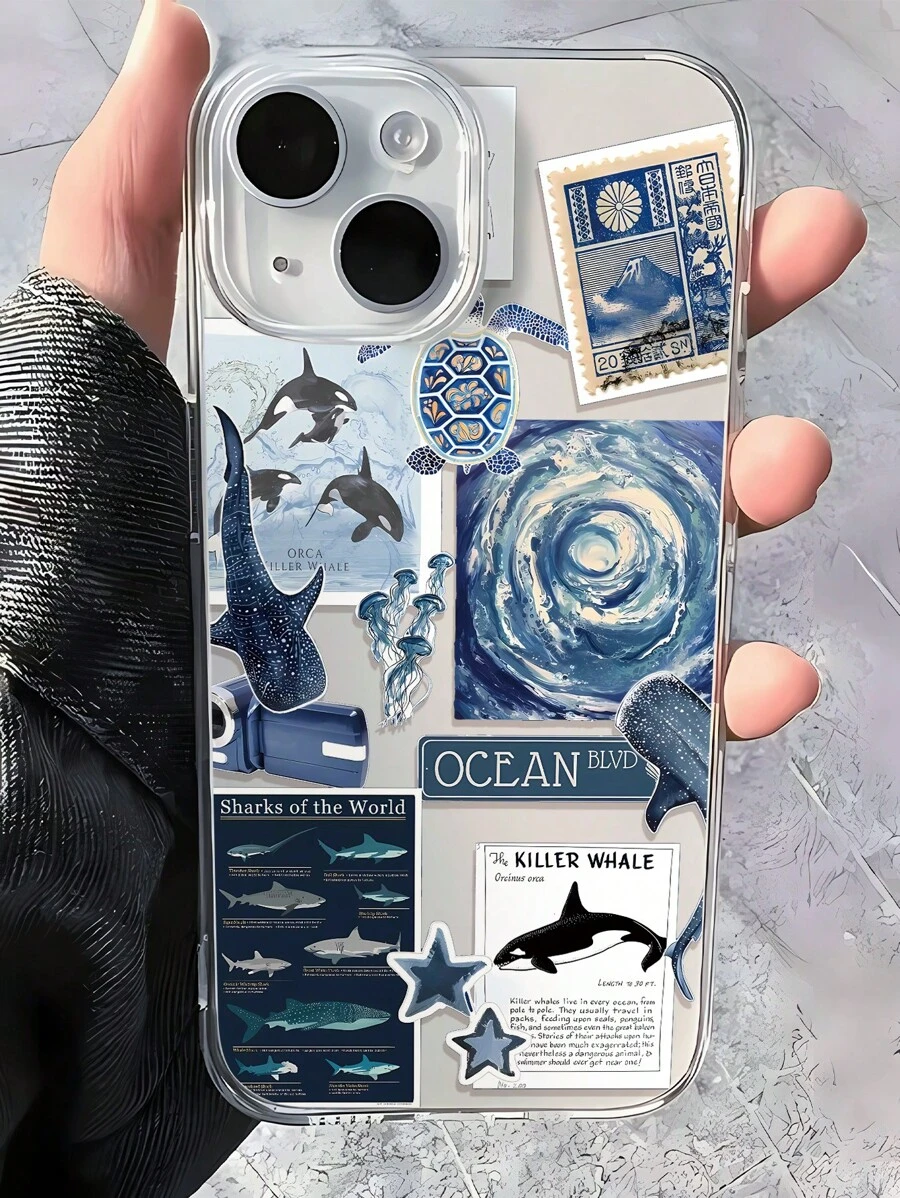 1 pieza de Funda suave y transparente contra huellas dactilares con patrón estético de collage de ballena, medusa y tortuga de tema oceánico veraniego compatible con 16 ProMax/16/16 Pro/16 Plus/11/15/15 Pro/15 ProMax/12/13/14 ProMax/XS/XR/11 Pro/11 ProMax/12 Pro/12 ProMax/13 Pro/13 ProMax/7 Plus/14 Pro/14 ProMax/14 Plus/7 Plus/8 Plus/8/SE 2/12 Mini/13 Mini, antiamarillamiento