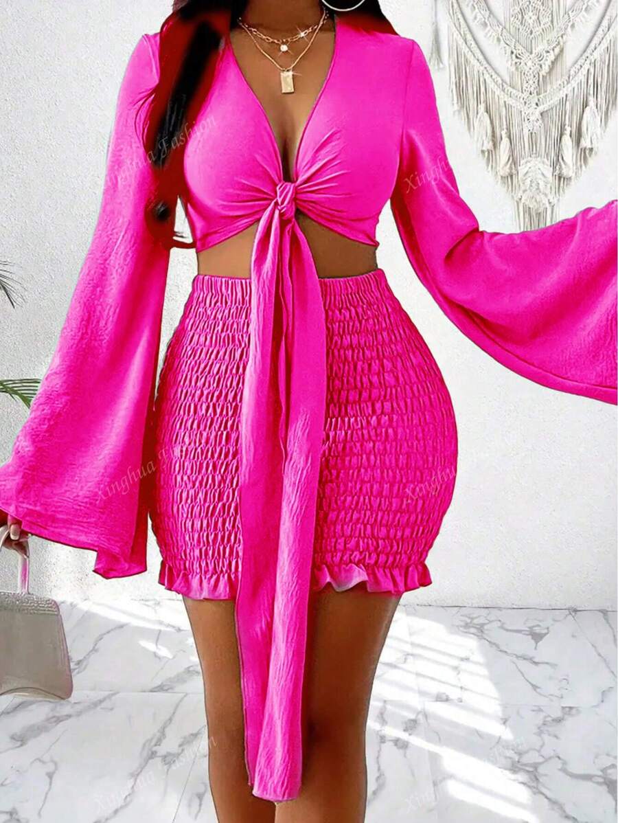 Women Summer Vacation 2-Piece Set: Solid Color Front Tie Cropped Flare Sleeve Top & High Waist Mini Skirt