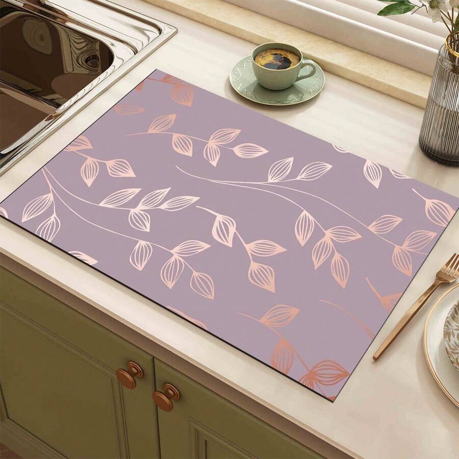 1pc Floral Pattern Coffee Maker Dish Drying Mat - Diatomaceous Earth Printed Drain Mat, Kitchen Counter Mat, Utensil Mat - Dish Drying Mat, Soft Diatomite Suitable For Kitchen Counter, Applicable For Coffee Makers, Espresso Machines, Etc.
