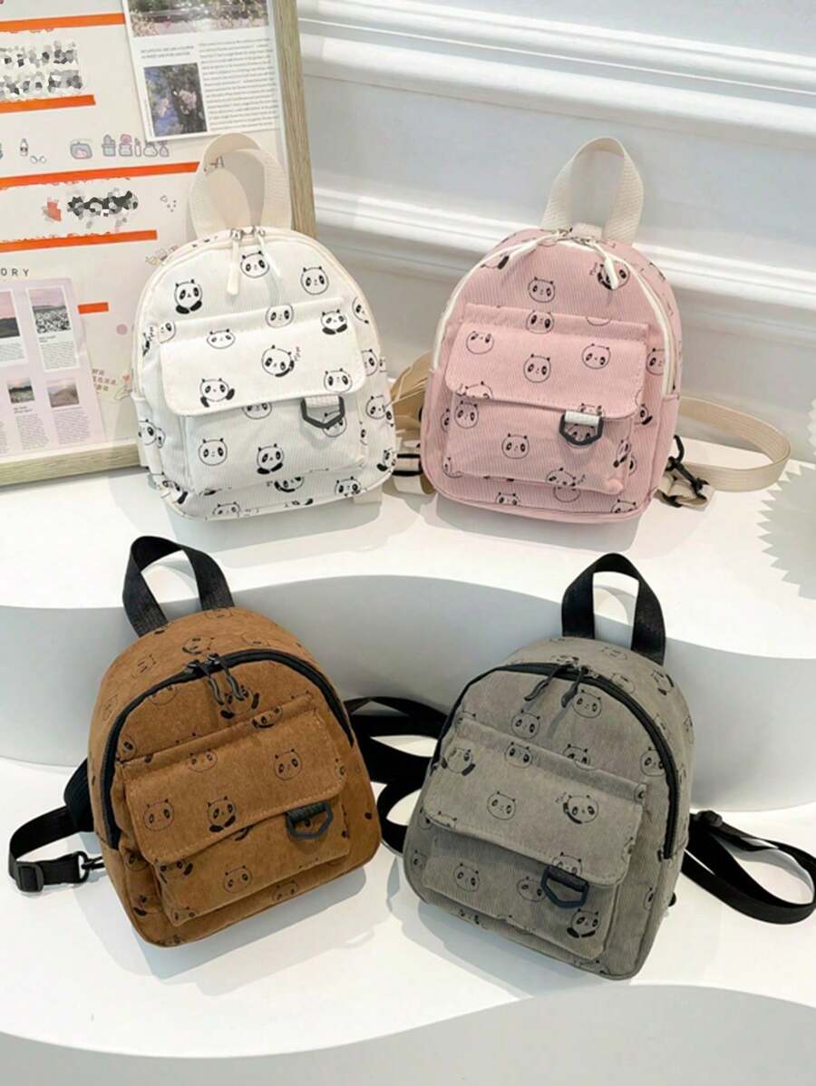1 pieza Mochila a rayas de unicolor de pana con estilo y sencilla, mochila pequeña fresca, sencilla y dulce con estampado de panda de dibujos animados, apertura y cierre con cremallera, correas de hombro ajustables cómodas y versátiles, adecuada para todas las ocasiones, para uso al aire libre, juego, transporte