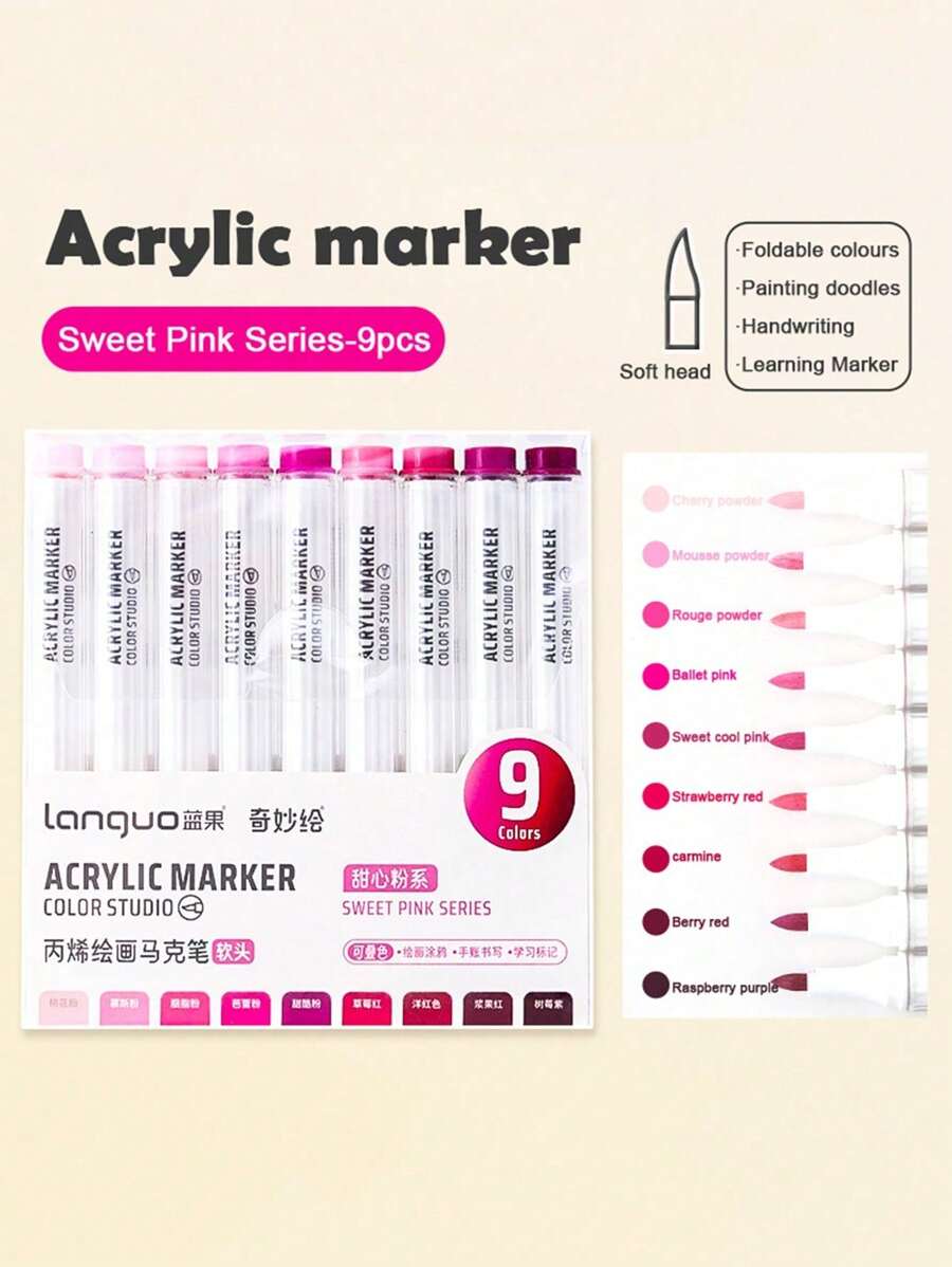 Languo 9 Color Acrylic Paint Marker,Flexible Head,Brightly Colored For Stackable Colors,Doodle Drawing,Handwriting,Learning Markers Art Supplies Stationery Back To School