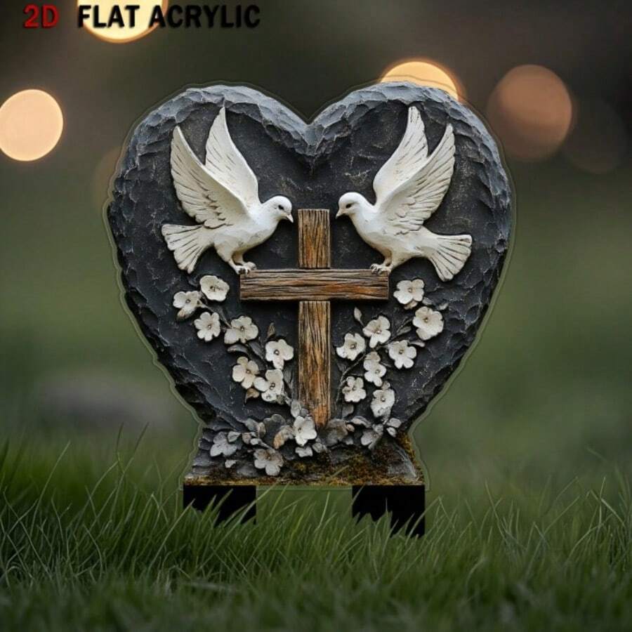 2D Flat, One Piece, High Rating - Charming Acrylic White With Cross Garden Ornament - For Commemorating Lost Loved Ones, Weatherproof, Waterproof, And Scratch-Resistant Outdoor Garden Decoration, Suitable For Patios And Lawns.