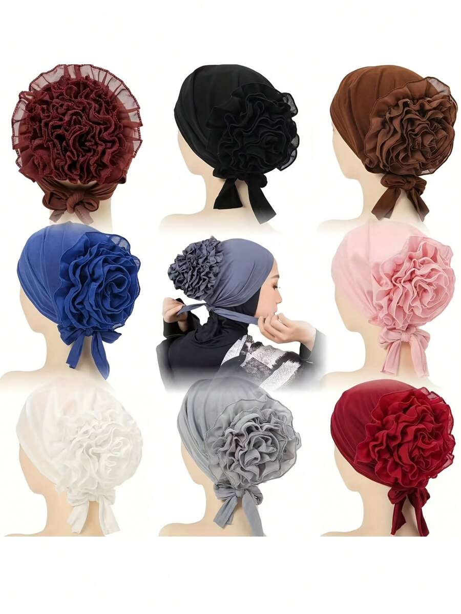 2 piezas Sombreros de turbante de poliéster de moda para mujer, gorros con pañuelo floral elástico y diseño de flor grande, cofia hijab de punto transpirable para ocasiones festivas