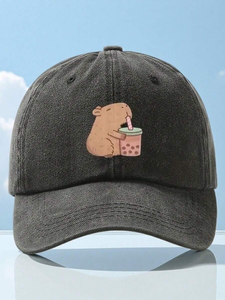 1pc Capybara Drinking Boba Tea Baseball Cap - Adorable Brown Design, Lightweight Polyester, Casual Style, Perfect Gift For Family & Friends, Gift Cap | Unique Graphic Cap | Lightweight Hat