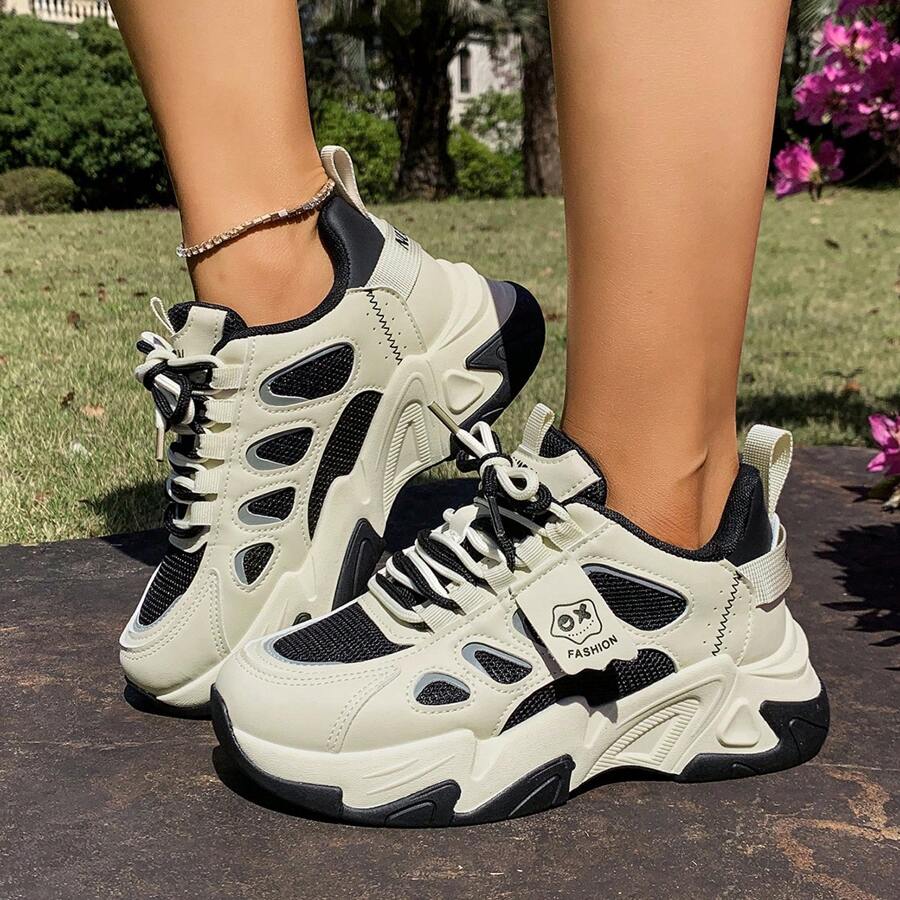 1 Pair Women's Breathable Anti-Slip Lace-Up Chunky Sneakers With Mesh Panels, Sporty & Casual