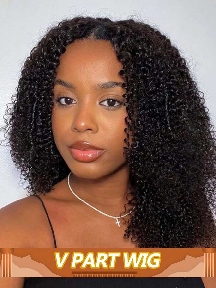 Peruca de cabelo humano afro crespo e cacheado com parte em V para mulheres, densidade 180%, feita à máquina, aparência natural, com parte em forma de V, design leve e respirável para todas as etnias, estilo versátil para o dia a dia e ocasiões especiais