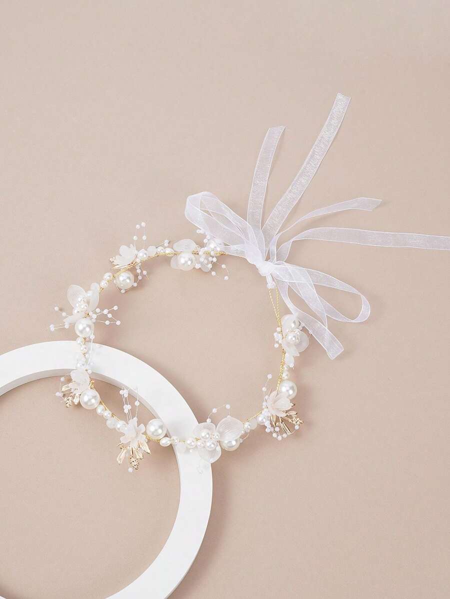 1pc Girls Hand-Woven Pearl Gold Leaf Crystal Acrylic Flower Decor Elegant Fashion Casual Party Headband