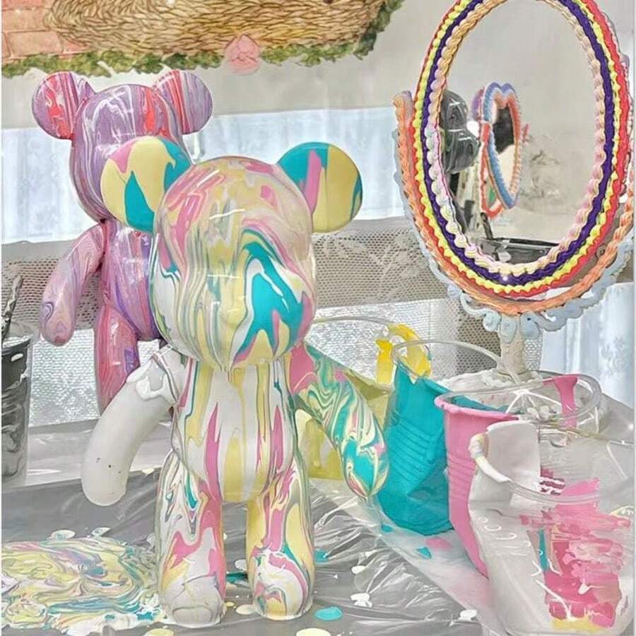 Kit de manualidades de oso de arte fluido en blanco para pintar, incluye pegatinas de oso de arte fluido DIY y figura artesanal de oso fluido