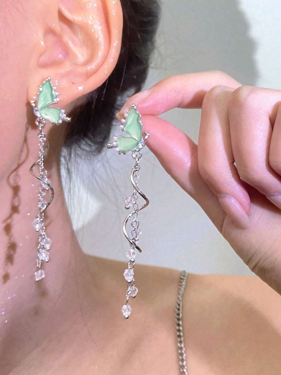 1 par de elegantes y sofisticados aretes de borlas con diseño de mariposa y gota de agua en azul con diamantes de imitación, estilo versátil y exclusivo INS para el uso diario de mujeres, actividades al aire libre, sesiones fotográficas o como regalo para el cumpleaños de la novia o de las mejores amigas