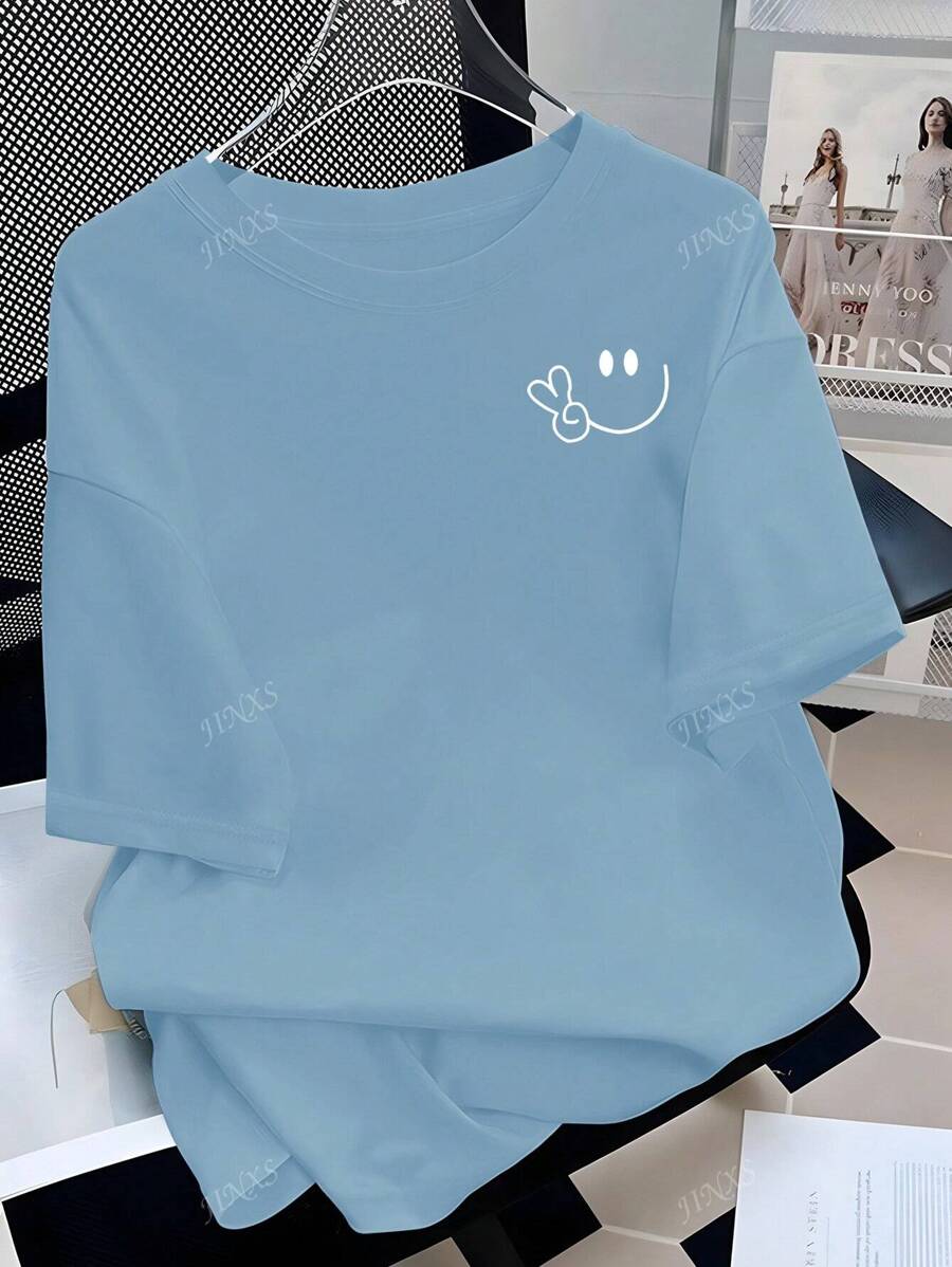 Women's Y2K Style Geometric Pattern Solid Color Round Neck Loose Casual Short Sleeve T-Shirt, Summer