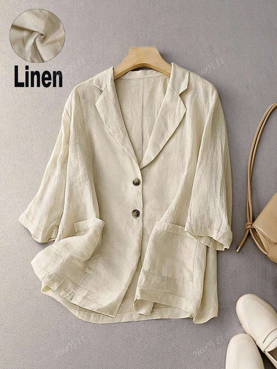 Blazer ampio da donna in lino con maniche a 3/4, con grandi tasche, casual per primavera/estate