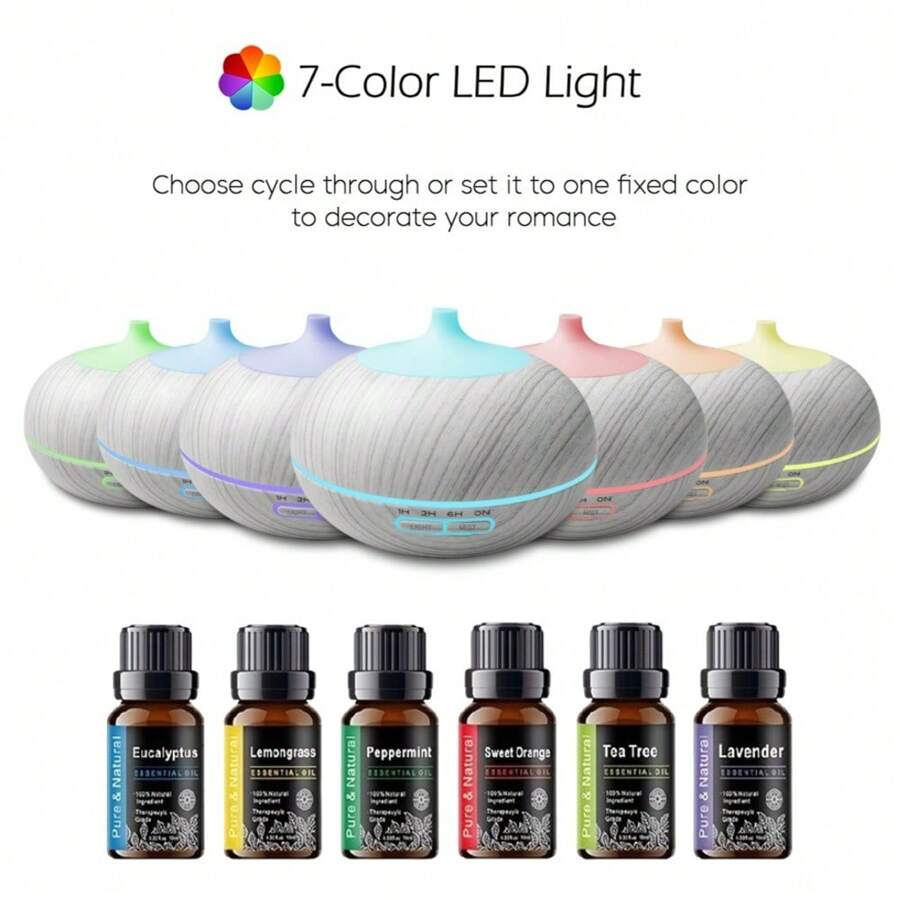 550ml Wood Grain Essential Oil Diffuser, Ultrasonic Humidifier, Remote And 6 Oils, Automatic Shutdown