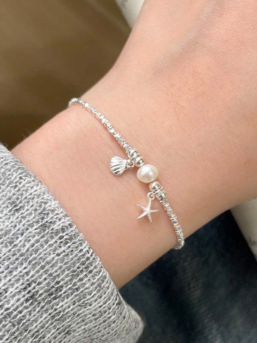 GAGAFEEL 1 Stück Lässig tägliches 925er Sterling Silber Seestern Muschel Armband für Damen, Sommer Strand Outfit und Geschenkidee