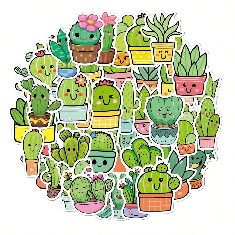 50pcs Green Plant Stickers, Cute Cactus Stickers For Potted Plants, Succulents, Water Bottles, Notebooks, Laptops, Suitable For Girls And Teens,School Supplies,Back To School