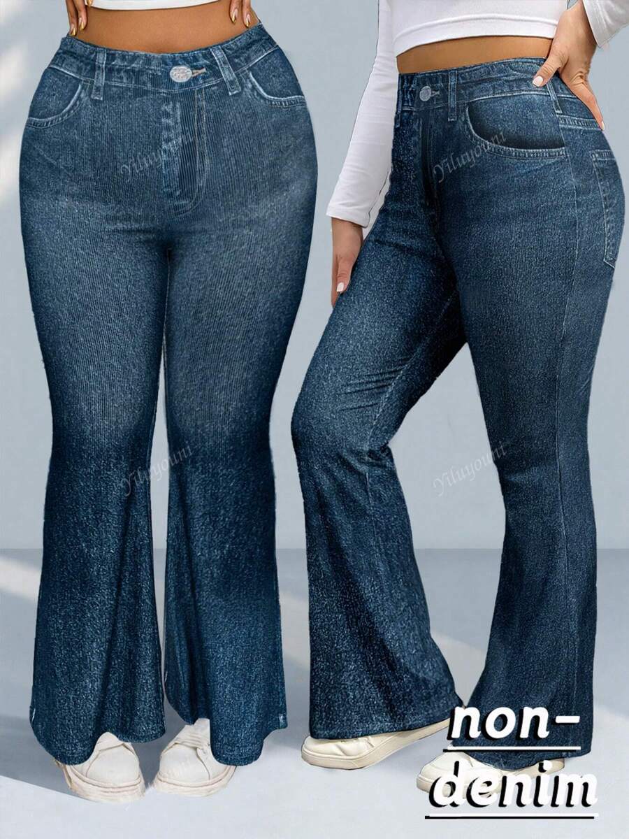 Plus Size Women Fashion Denim Effect Print Flared Pants With Fake Pockets, Stretchy Casual Trousers, Long Length