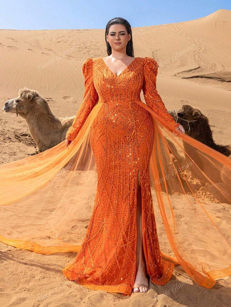 Faeriesty Haute Glamour Plus Luxurious V-Neck Long-Sleeve Beaded Evening Gown With Back-Tie Closure, Dramatic High Slit, Side Flowing Panels & Mermaid Train – Elegant Formal Wear For Red Carpet Galas, Black-Tie Dinners, Wedding Guest Attire, Award Ceremonies, And Charity Ball Events