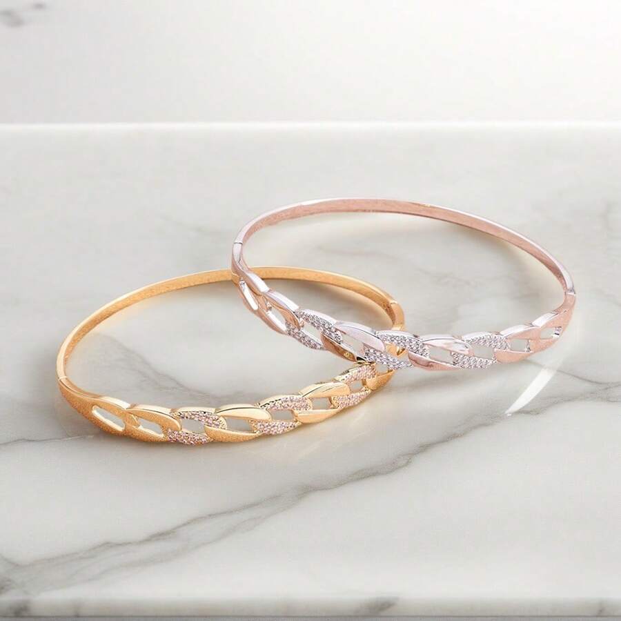 1 Luxurious Women's Copper Bracelets With Rose Design, Inlaid With Zirconia, Daily Fashionable Jewelry Accessory