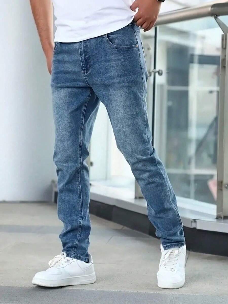 Regular Fit Men Classic Denim Jeans - Soft Slight Stretch Fabric, Washed Solid Color, All-Season Comfortable Basics For Teen - Woven, No Sheer, Regular Length