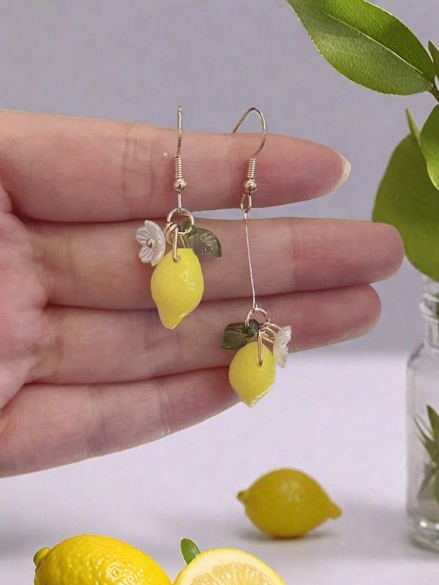 2 pares de aretes colgantes de resina originales y lindos con limón y flor para uso diario, regalo para San Valentín, mamá, madre, Día de la Madre