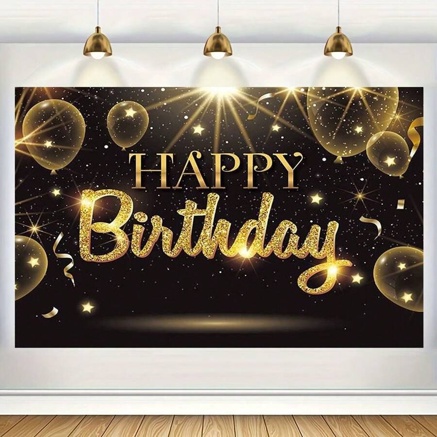 1pc Black Gold Happy Birthday Party Decorations Backdrop, Golden Balloons Glitter Star Birthday Party Photo Background Banner Extra Large Wall Decor Props Party Supplies