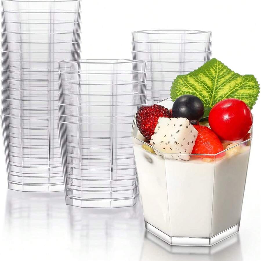 25/50 unidades Tazas de postre de plástico, tazas de postre octagonales de 160ml transparentes para parfait, entremés, reutilizables, cuencos de servir para postre, pudín, mousse para fiesta (7.2 X 6.5cm)