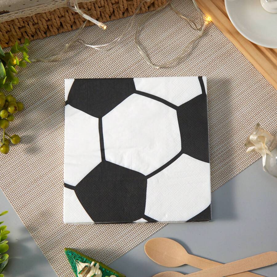 25pcs/Pack 13*13 Inch/33*33cm Disposable White Football Printed Paper Napkins, Suitable For Parties Decoration And Daily Use