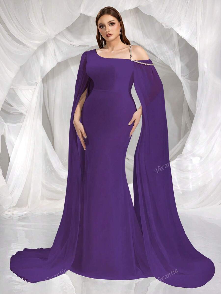 Abito da sera elegante con strass e scollo asimmetrico, abito da sera con spacchi sulle maniche, per feste formali, matrimoni ed eventi