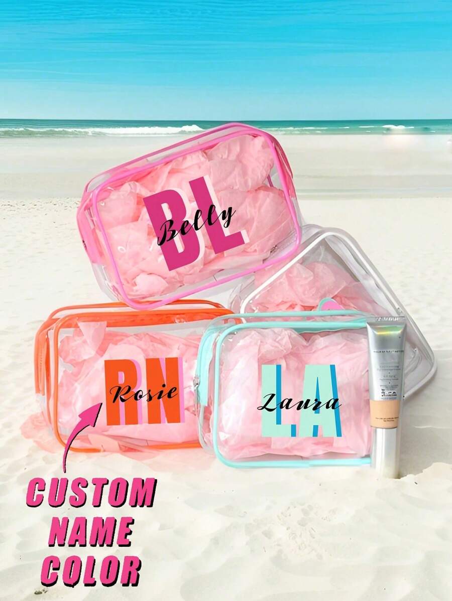 Bolsa de cosméticos personalizada minimalista y transparente con nombre personalizado para el hogar y los viajes, bolsa transparente con nombre personalizado, neceser de maquillaje de PVC transparente, bolsa de viaje de belleza, bolsa de cosméticos de PVC como regalo, neceser de aseo con cremallera para TSA, regalo de dama de honor para la playa, organizador de viaje de verano, artículo esencial del cartero, multifuncional, ornamental, letra, unicolor, exquisito, elegante, vintage, moderno, colorido, ocio, básico, casual, suave, único, personalizado, personalizado, ideal como regalo para ella, novia, amigos