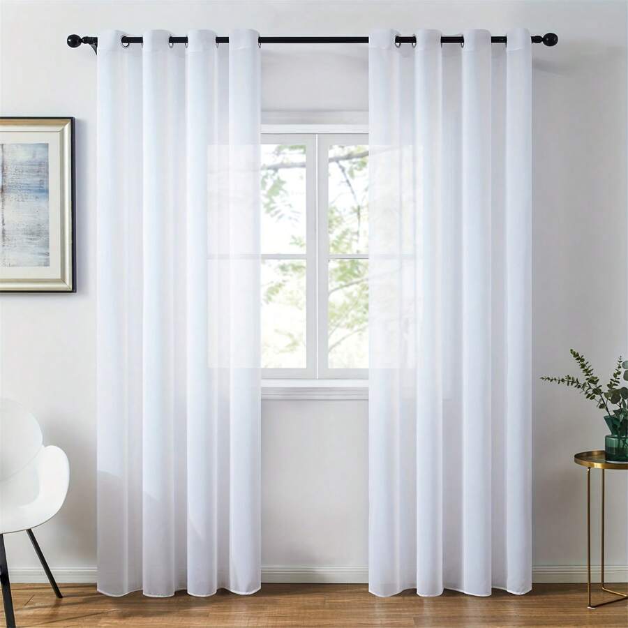 1pc Voile Curtain, Light Filtering Sheer Curtain, Grommet Curtain, Semi-Transparent Lightshade Curtain, Kitchen Curtain, Suitable For Home Or Office Use, Bedroom, Balcony, Living Room Curtain, Solid Color Simple Pastoral Curtain